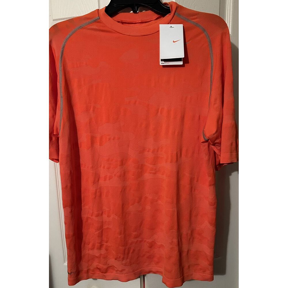 Nike Pro Dri-FIT Mens Orange Camo Training Shirt‎ Jacquard Knit Large NWT